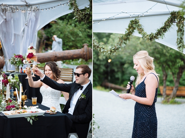 girdwood wedding photos showing maid of honor toast at Crow Creek Mine Wedding in Alaska