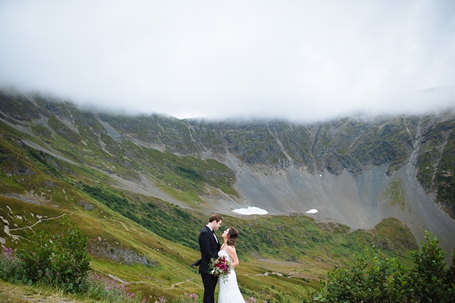 girdwood wedding photos with bride and groom in valley 