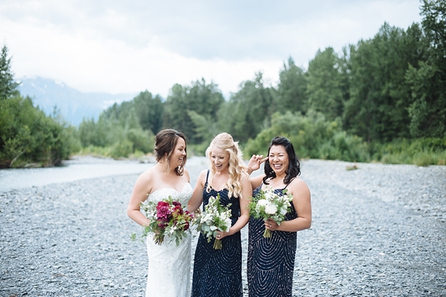 girdwood, alaska wedding photos at Crow Creek Mine with bride and maids