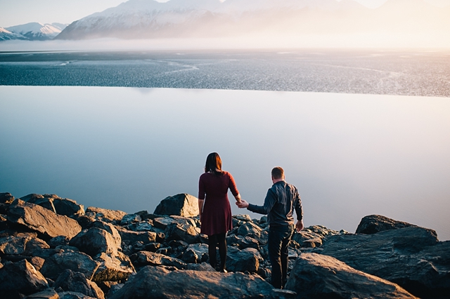 Anchorage Engagement Photography with couple climbing rocks in Alaska