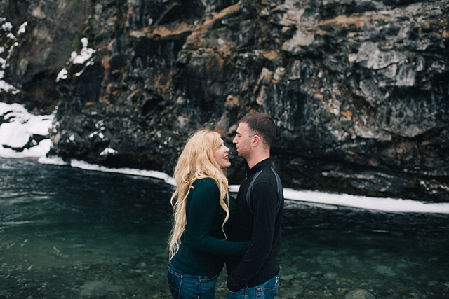 Hatcher Pass Winter Engagement Photos by the river