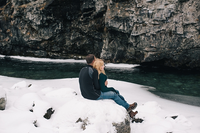 Hatcher Pass Winter Engagement Photos by the river