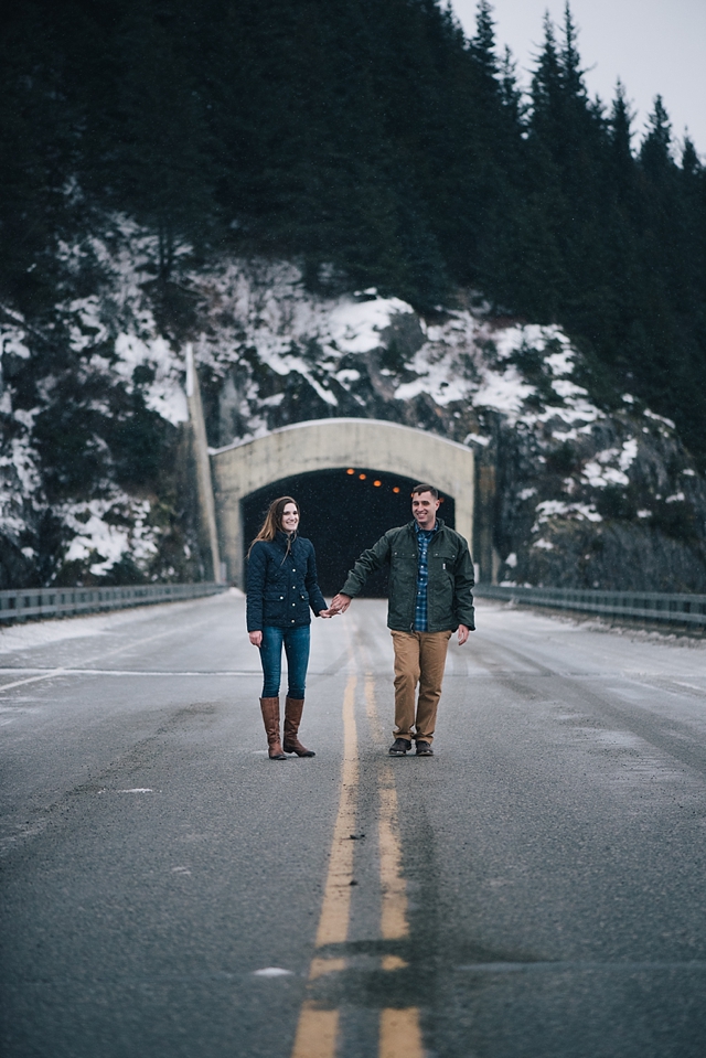 snowy alaska engagement photos by a river