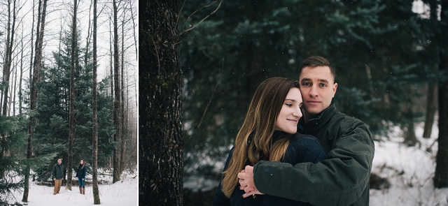 snowy alaska engagement photos in the forest