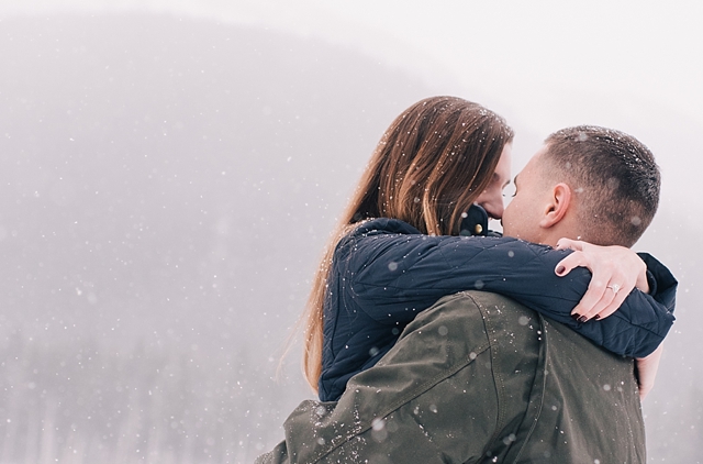snowy alaska engagement photos by a river