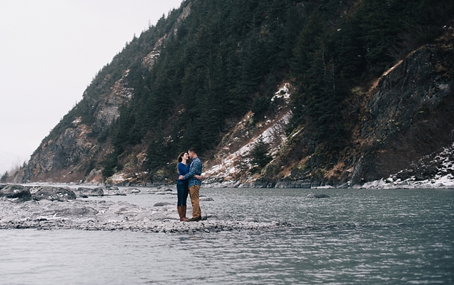 snowy alaska engagement photos in the mountains