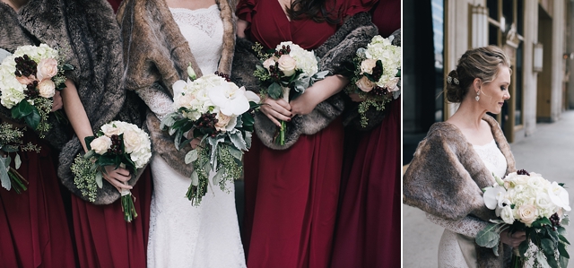 university club of chicago wedding bridesmaids bouquets with fur wraps