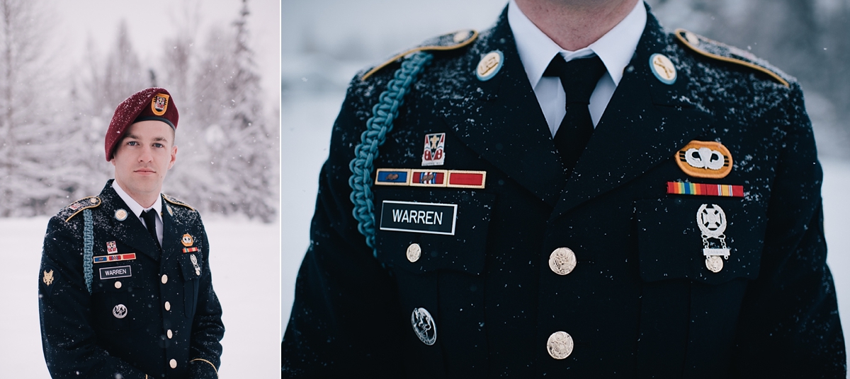 Anchorage Winter wedding groom in uniform