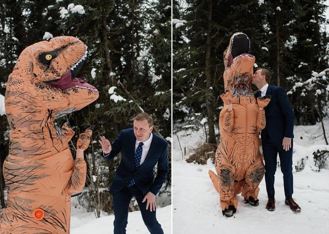 bride in t-rex costume